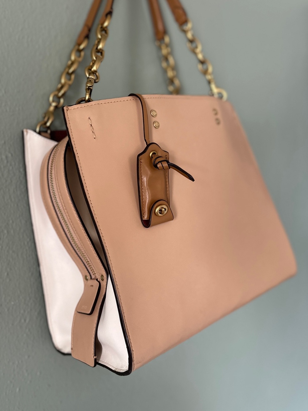 Coach Pink and White Leather Shoulder Bag with Gold Chain Straps